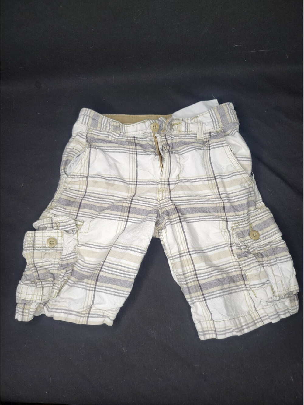 Faded Glory Boys Size 7 Plaid Cargo Shorts White Gray Beige